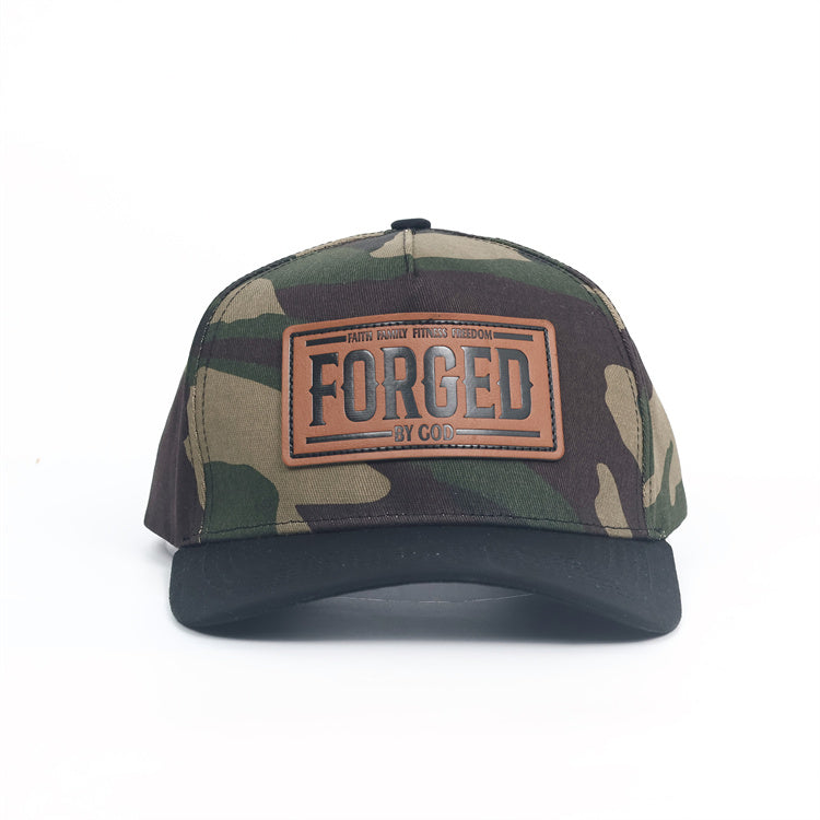 FORGED Leather Patch Hat | Woodland Camo & Black