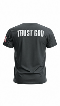 Black t-shirt with 'TRUST GOD' text on the back against a white background