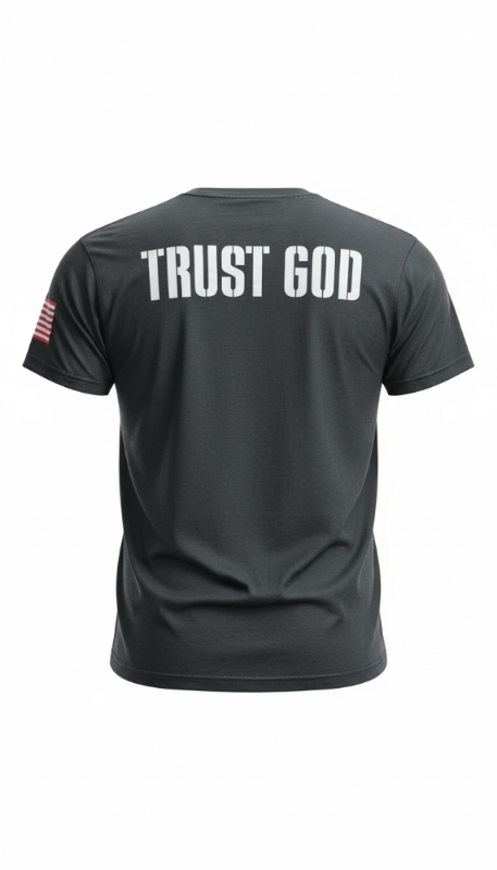 Black t-shirt with 'TRUST GOD' text on the back against a white background