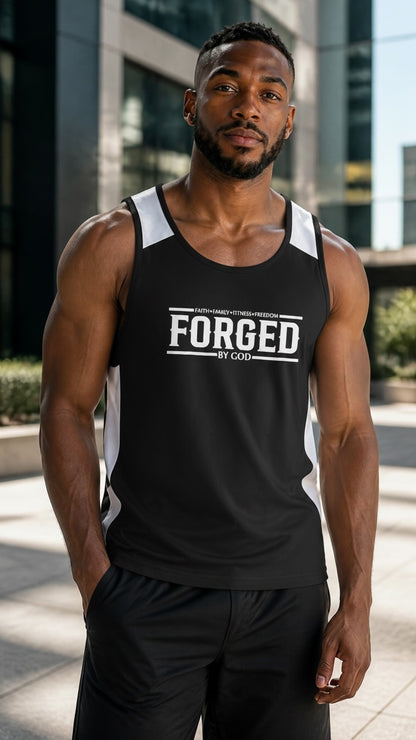 A muscular man wearing a black and white Forged By God athletic tank top with a graphic print in an outdoor setting.