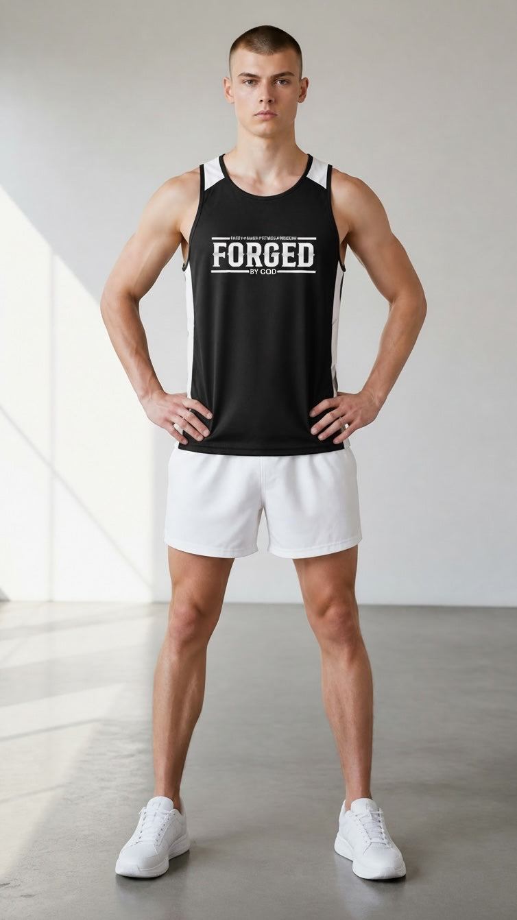 Forged By God men's black athletic tank top with white side panels and Forged By God chest graphic on a male model.