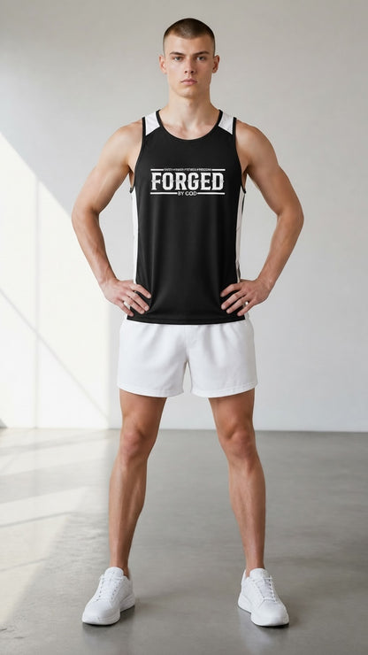 Forged By God men's black athletic tank top with white side panels and Forged By God chest graphic on a male model.