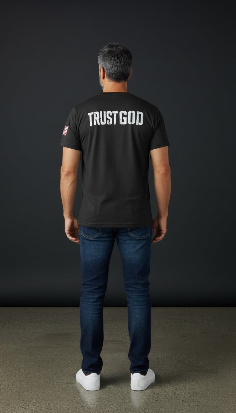 Forged By God black short sleeve crew neck t-shirt with distressed Trust God back print and American flag sleeve detail