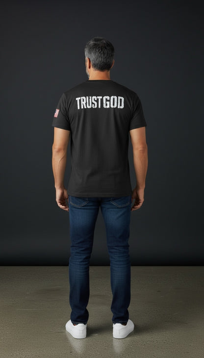 Forged By God black short sleeve crew neck t-shirt with distressed Trust God back print and American flag sleeve detail