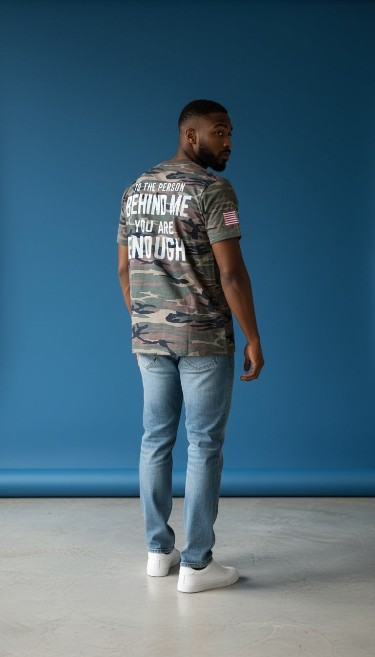 Forged By God camo crewneck t-shirt with white inspirational back print and sleeve flag detail worn by a man