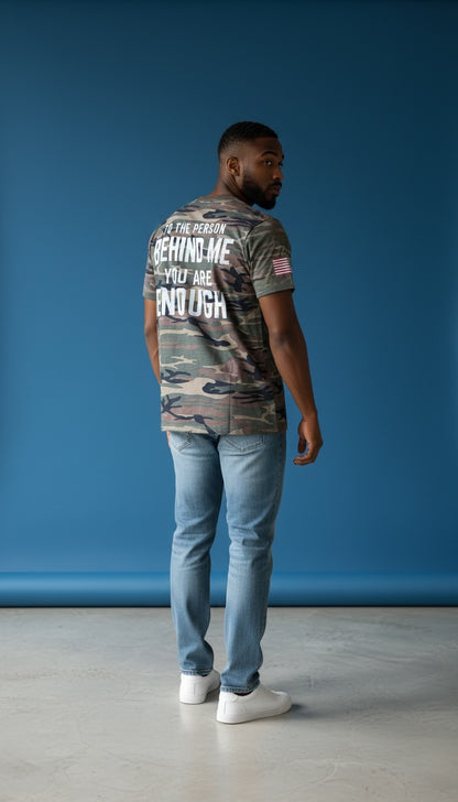 Forged By God camo crewneck t-shirt with white inspirational back print and sleeve flag detail worn by a man