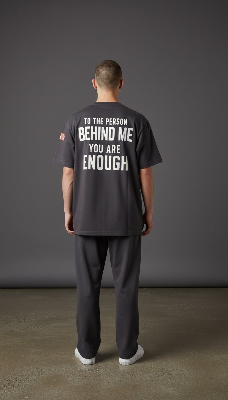 Forged By God charcoal grey crewneck t-shirt with white inspirational back print and small American flag sleeve detail.