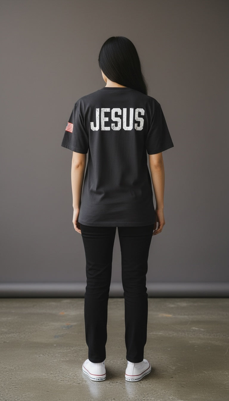 Forged By God charcoal grey crewneck t-shirt with distressed JESUS graphic on back and American flag sleeve detail