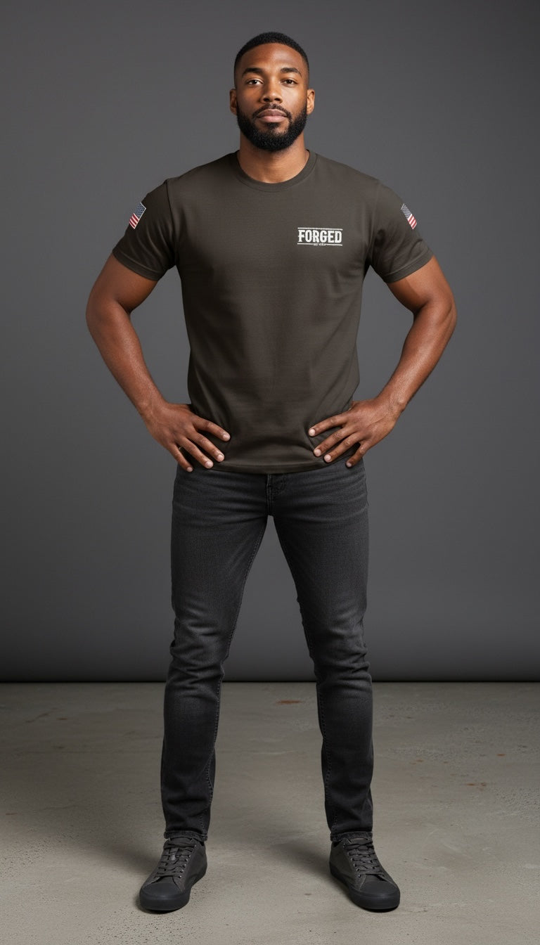Forged By God olive green crew neck t-shirt with American flag sleeve detail worn by a man in dark jeans