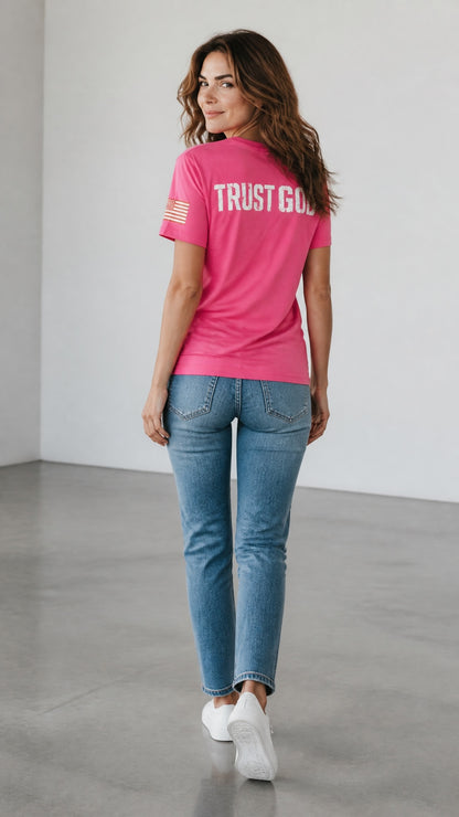 Forged By God pink short sleeve crew neck t-shirt with Trust God back graphic and American flag sleeve detail on model