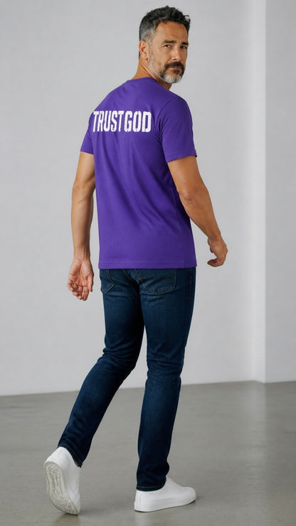 Forged By God purple short sleeve crew neck t-shirt with white distressed Trust God graphic on the back on a man
