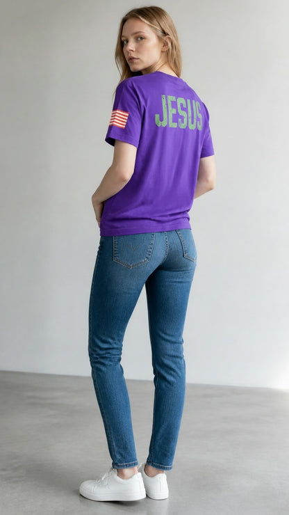 Forged By God purple crewneck t-shirt with distressed JESUS back print and American flag sleeve detail on a model
