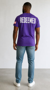 Forged By God purple cotton t-shirt with distressed white REDEEMED back print and American flag sleeve detail