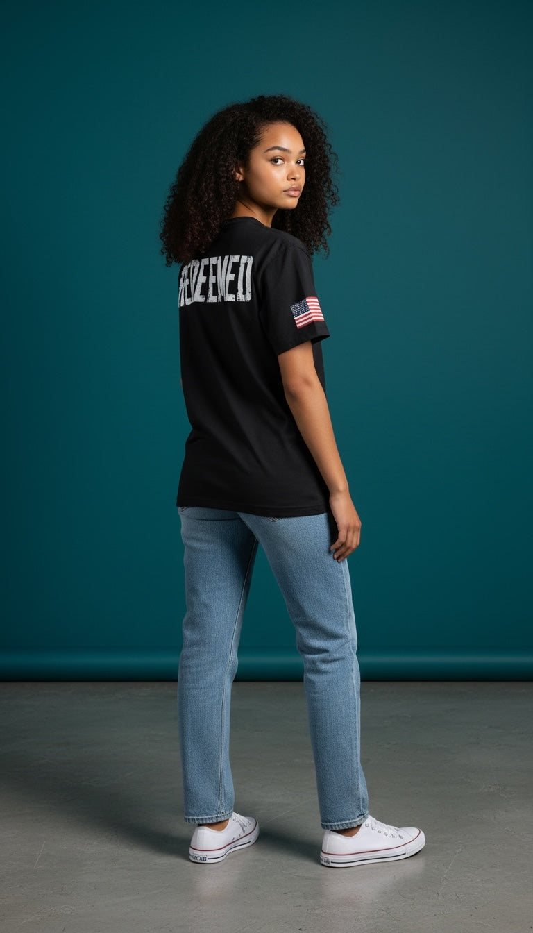Model wearing a black Forged By God cotton t-shirt with a distressed REDEEMED back print and American flag sleeve detail.