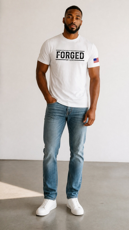 A man wearing a Forged By God white graphic t-shirt with a minimalist front logo and American flag sleeve detail.